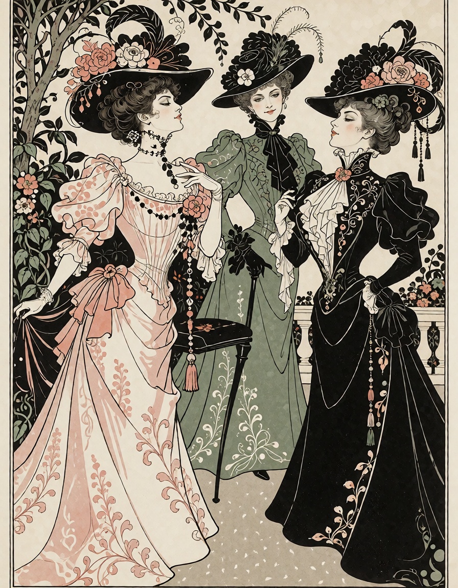 Fin-de-siècle fashion house advertisement,  three elegant women displaying extravagant hats and gowns,  pale rose on Tenso...