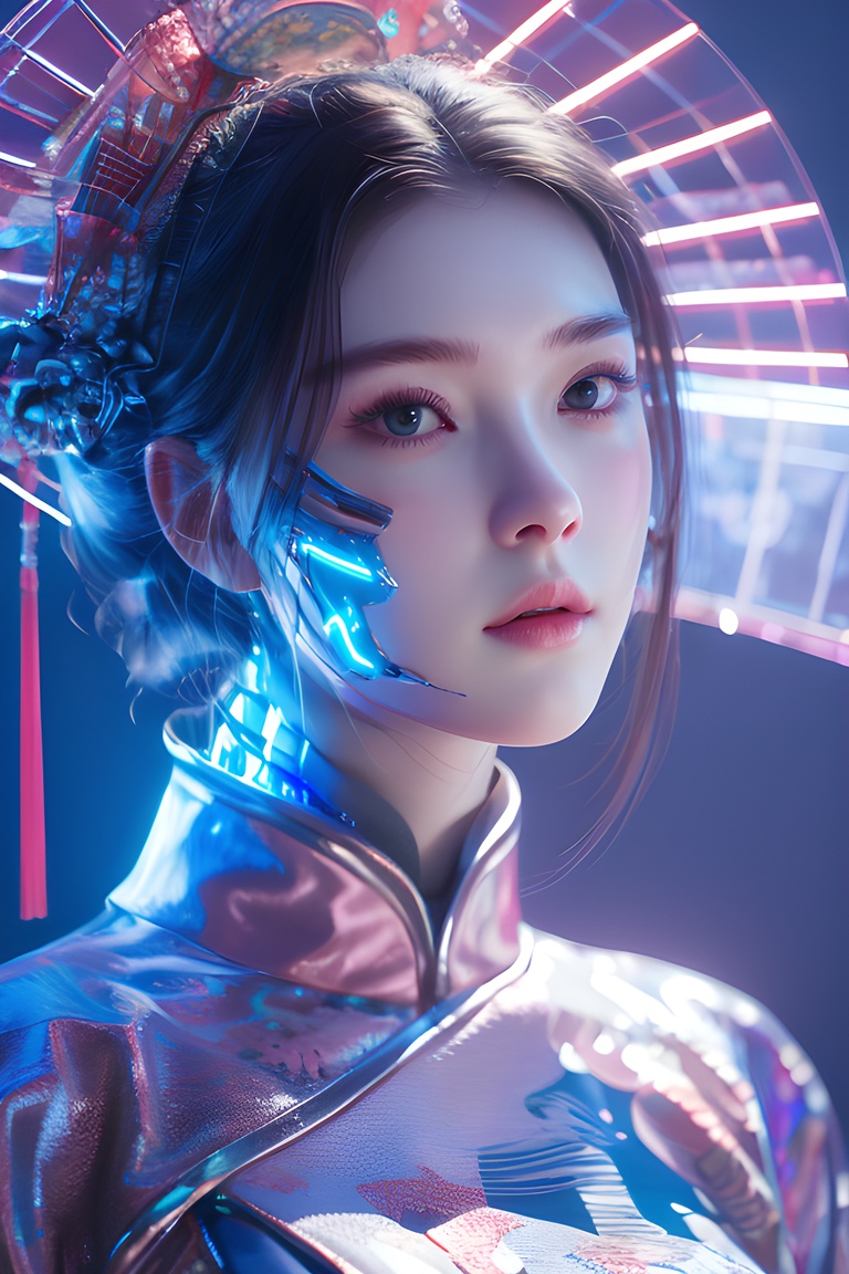 light pink,colorful,dopamine, neon lights, Cyberpunk beauty ,1girl, Chinese fan,<lora:20240218-1708234260649:0.7>, <lora:lora_美女大胸写实:0.4>, <lora:meinv123:0.6>