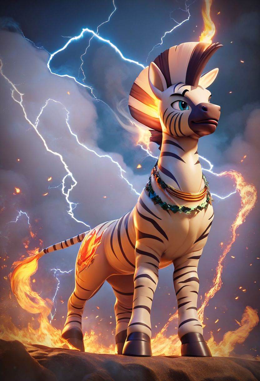 score_9, score_8_up, score_7_up, score_6_up, score_5_up, score_4_up, just describe what you want, tag1, tag2，Pokemon (Zebra), Fire, Full Body, Smoke, Lightning, HD, Masterpiece, Best Quality, Solo,