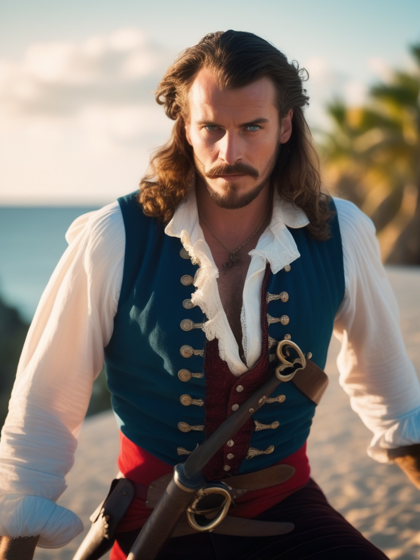 Holding a rapier an ***** male pirate with long swept back brown hair,  light blue eyes,  stumbled facial hair on Tensor.Art