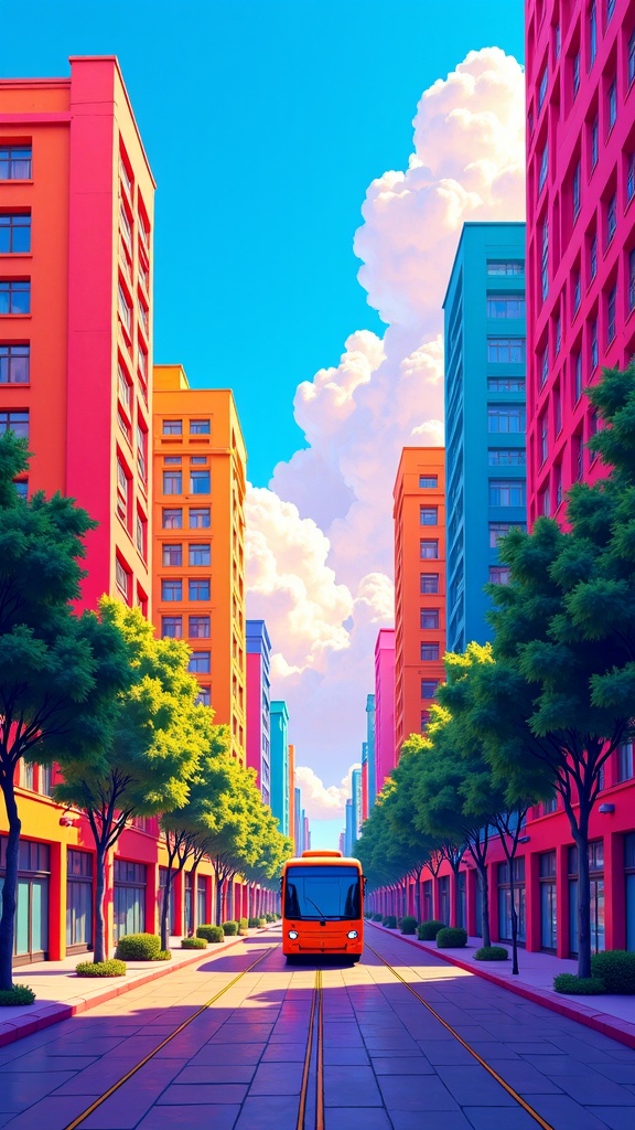 there is a painting of a city street with a bus on it,city street view background,anime style cityscape,colorful city,street background,animated movie scene,sylvain sarrailh,anton fadeev and dan mumford,city of pristine colors,alena aenami and artgerm,futuristic street,rio de janeiro in an anime film,colorful anime movie background,cinematic summer vibrancy,detailed street,alena aenami and android jones,hd anime cityscape,city background,anton fadeev 8 k,futuristic dieselpunk street,style of alena aenami,zootopia concept art,endless street,matte art,symmetric matte painting,cgsociety 9,futuristic city street,artistic. alena aenami,anime background art,animated movie shot,anime scenery,beautiful color art,stunning art style,