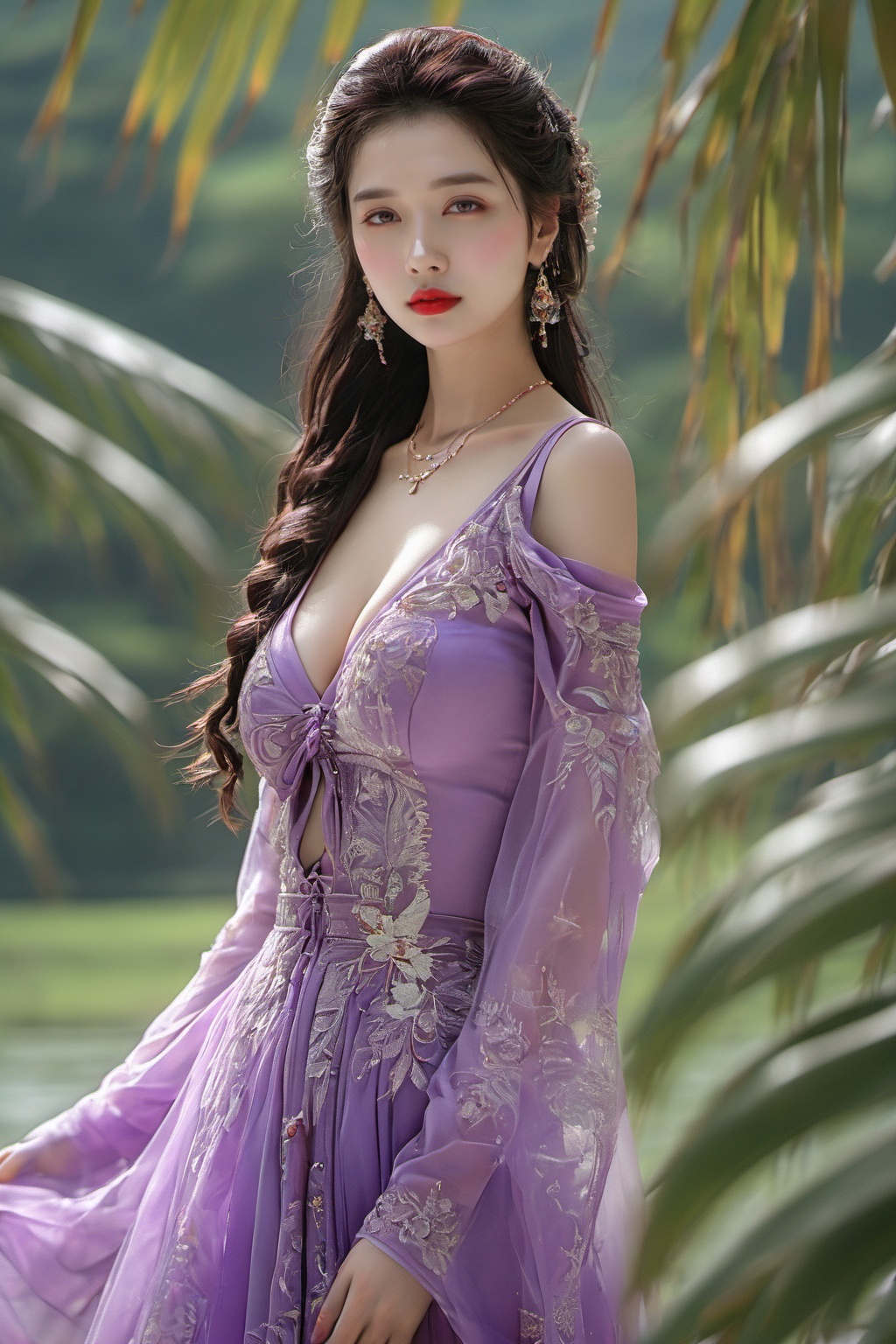 hhfhb,1girl,solo,cleavage,upper body,outdoors,<lora:hbhf-000008:0.8>,looking at viewer,purple dress,red lips,, masterpiece, best quality,