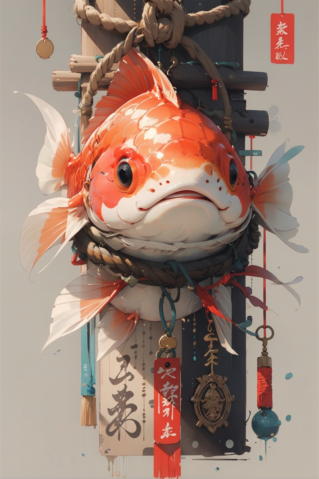 masterpiece,best quality,ultra-detailed,goldfish,rope,<lora:麻袋2024-004:0.7>,