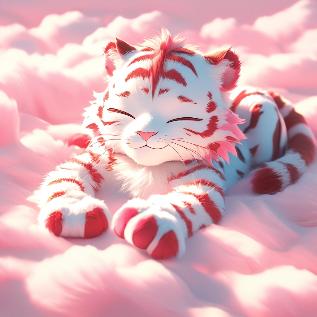 yinhu,tigger,fluffy,pink pattern,soft lighting,tiger boy,white fur,whimsy and dramatic lighting,warm colors,tigger focus,mf-movie-filter,cc-color-correction,cute,whiskers,:3,^ ^,no humans,closed eyes,on back,cloud,pink theme,lying,solo,closed mouth,cloudy sky,full body,smile,sky,red theme,white background,facing viewer,simple background,<lora:yinhu_annimate_xl_p_ith_txt:0.8>,