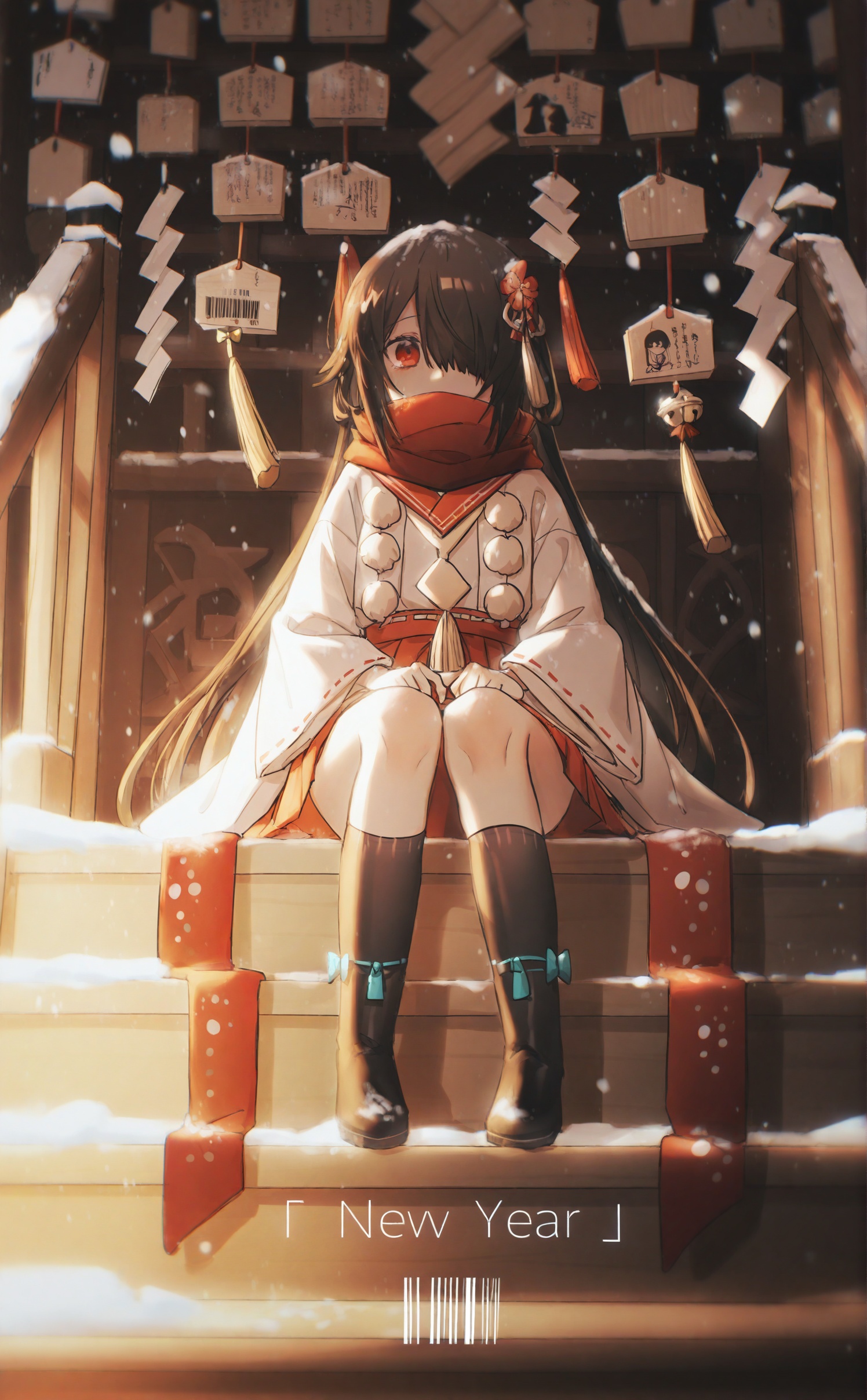 best, 1girl, bell, solo, sitting, red eyes, black hair, long hair, hair over one eye, ema, scarf, red scarf, shrine, stairs, jingle bell, box, sitting on stairs, snow, miko, snowing, barcode, boots, donation box, long sleeves, tassel, winter, socks, wide sleeves, scarf over mouth, shide, japanese clothes, covered mouth, pom pom (clothes), rope, looking at viewer, black footwear, outdoors, very long hair, new year, blurry, kneehighs<lora:Mix konya+3-000043:1>