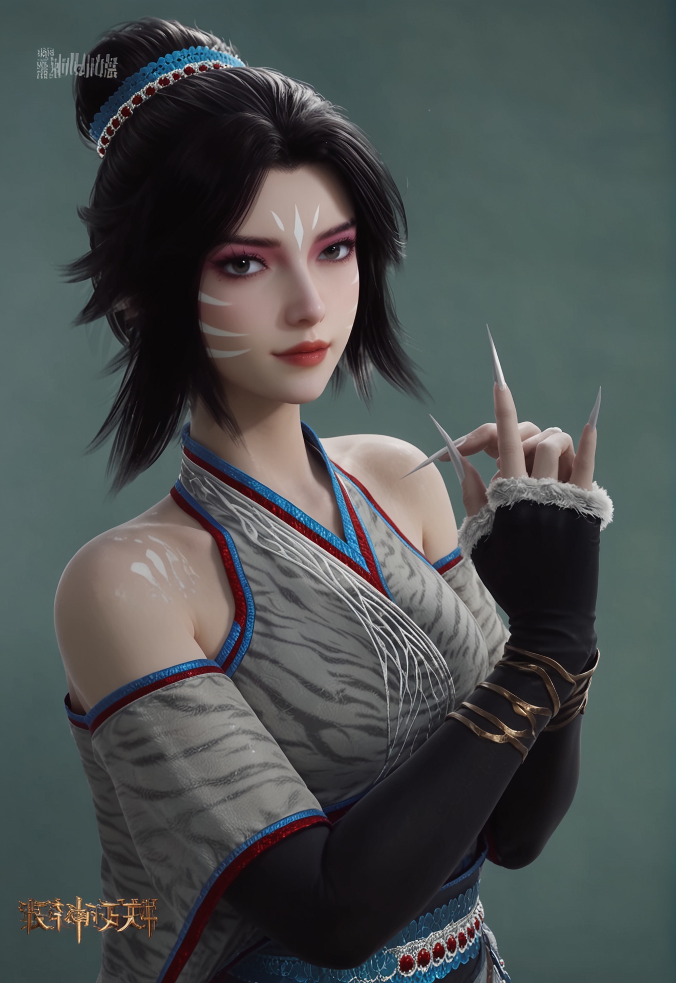 score_9,<lora:白虎堂堂主:0.8>,1girl,black hair,solo,gloves,fingerless gloves,short hair,facial mark,looking at viewer,***** lady like woman,long fingernails,