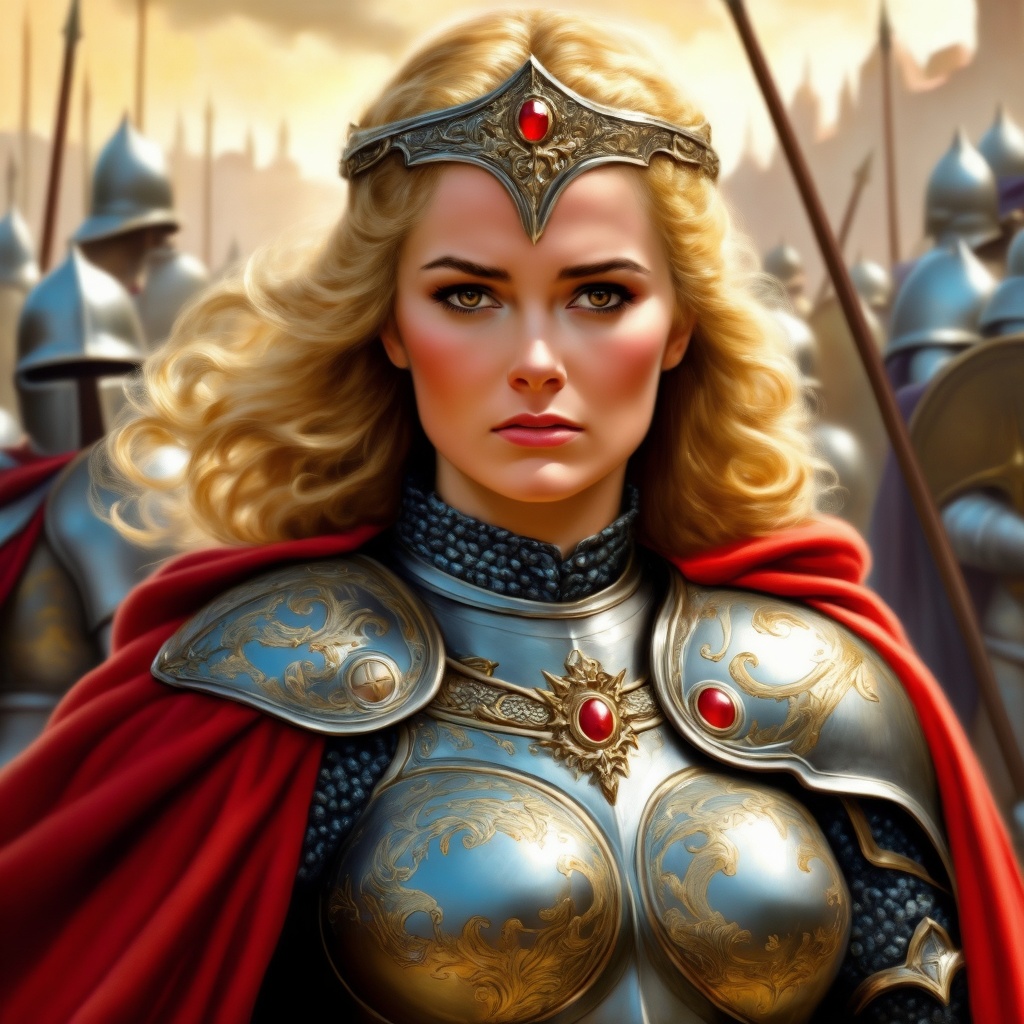A vivid portrayal of a female warrior in a medieval setting. She wears ornate metallic armor with intricate gold patterns...