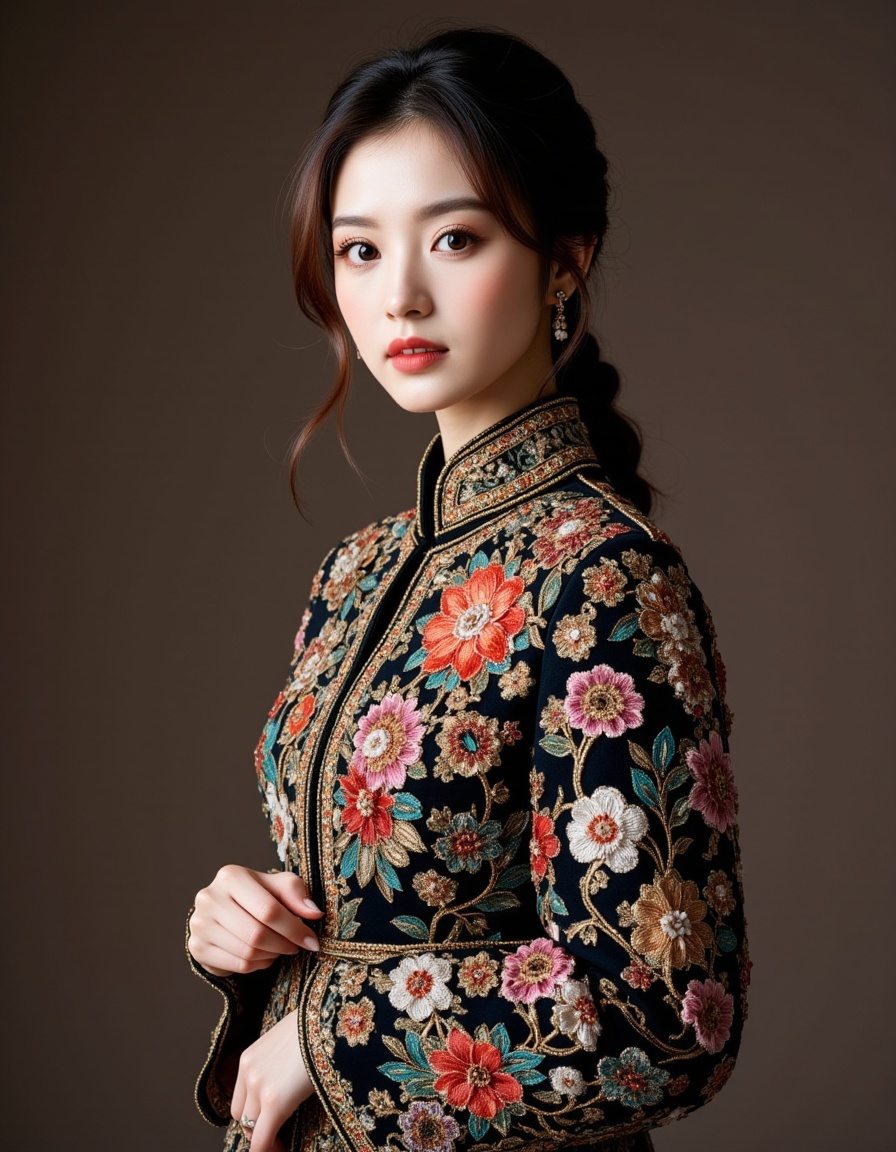 a real picture of a south korea woman,Embellished Jacket\(A jacket with intricate embellishments,offering a luxurious and sophisticated look\),