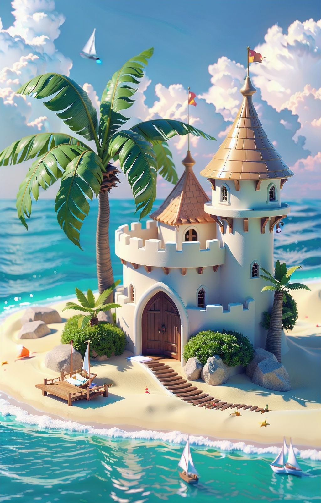 tree,outdoors,palm tree,no humans,day,sky,scenery,boat,cloud,sand,Sandcastle,ocean,Clay material,3D rendering,