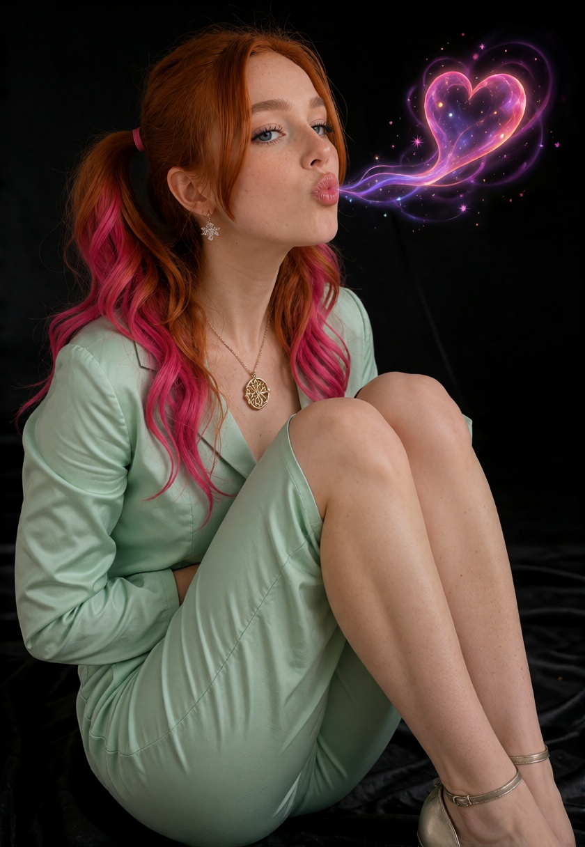RoseX,  blue-green eyes,  auburn-red hair styled in twin pigtails on Tensor.Art
