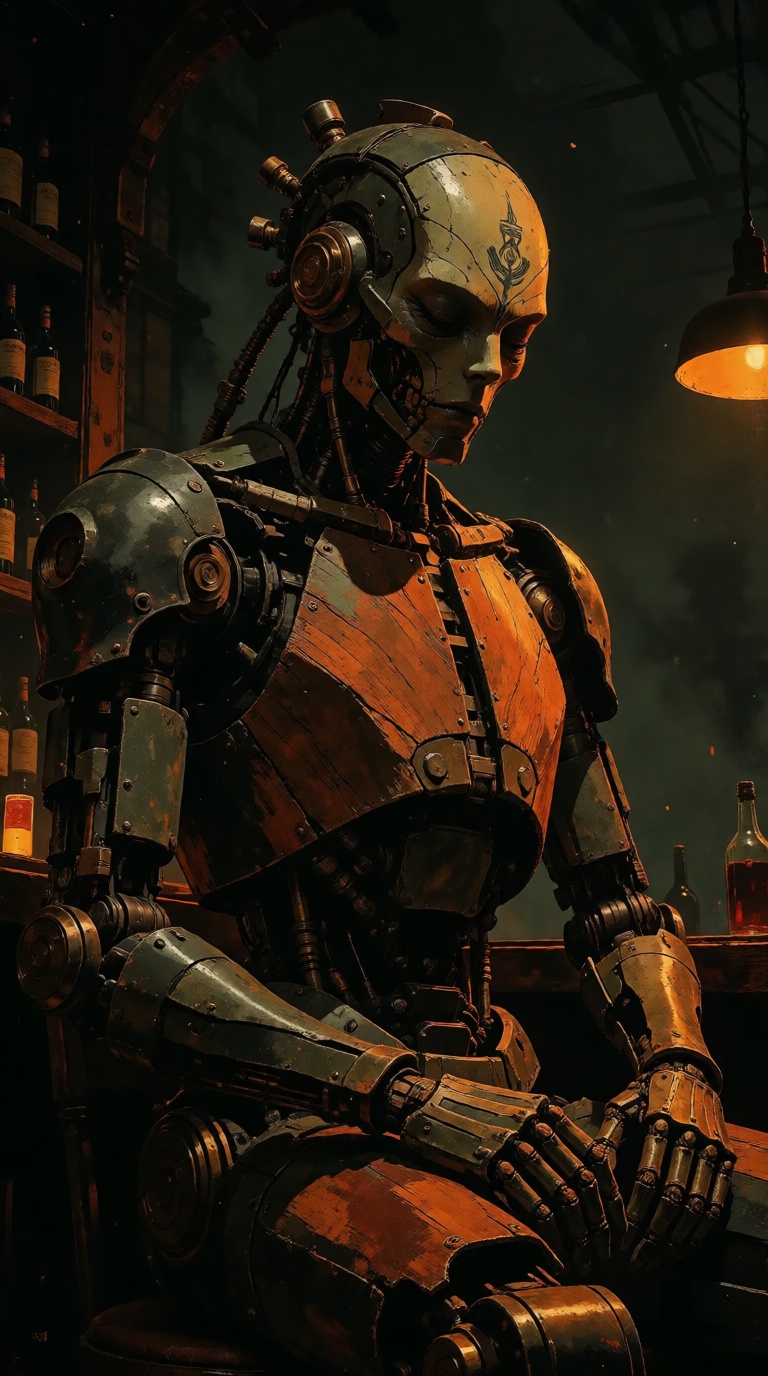 V1nt4geStyle,  A brooding warforged robot,  crafted from a fusion of sleek metal and warm wood on Tensor.Art