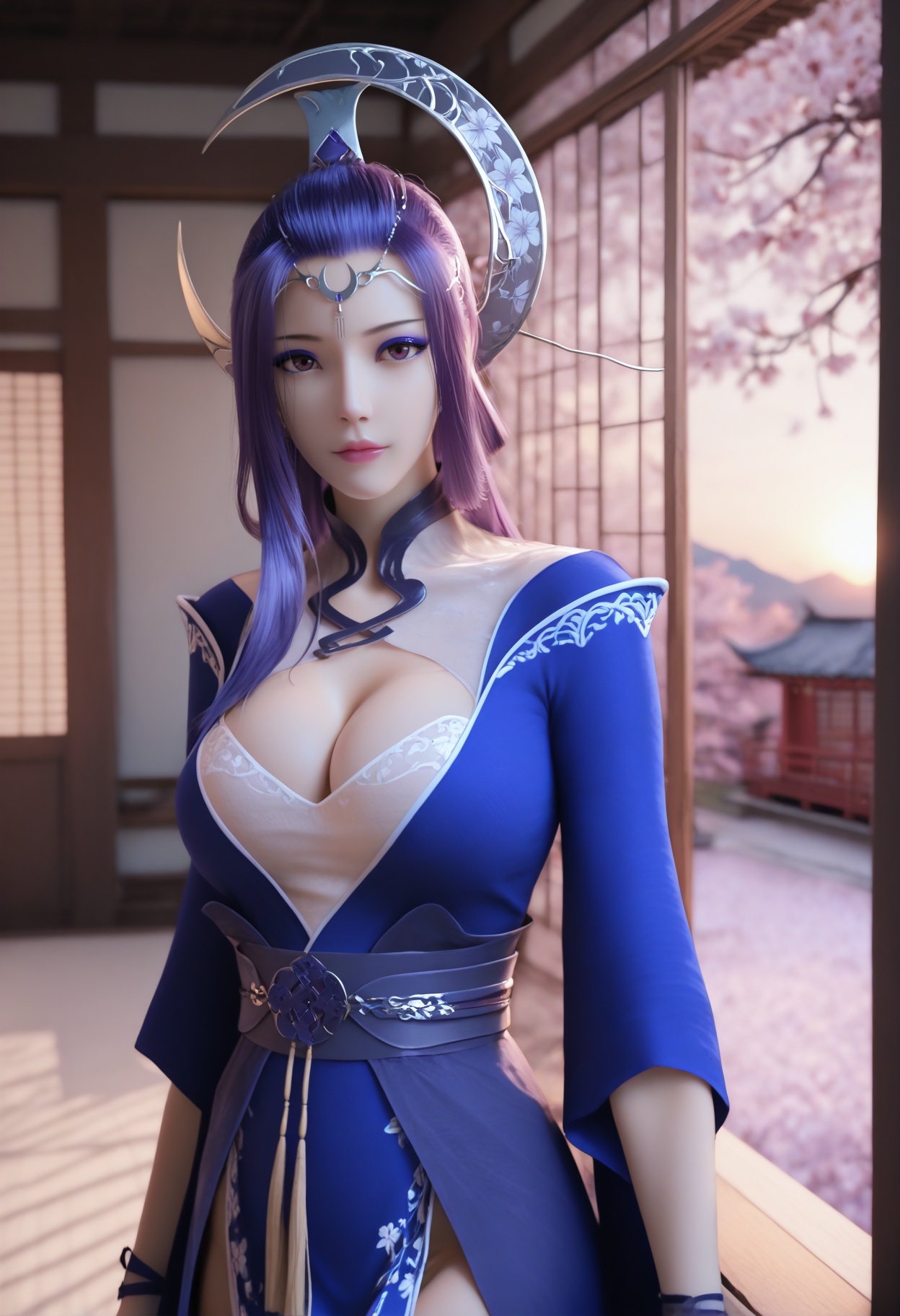 Yue_ji,1girl,purple hair,long hair,looking at viewer,circlet,cleavage,ring,large breasts,makeup,bracelet,jewelry,bare legs,anklet,earrings,blue dress,cape,chinese clothes,backless outfit,cleavage cutout,photorealistic,hyperrealistic,<lora:realistic filter [IL]:1>,looking at viewer,<lora:Yue_ji_10_illu-000004:0.75>standing,(upper body:1.2),lantern,open window,looking at viewer,indoors,mountains,blossoms,flowers,east asian architecture,beautiful sunrise,warm ambient temperature,