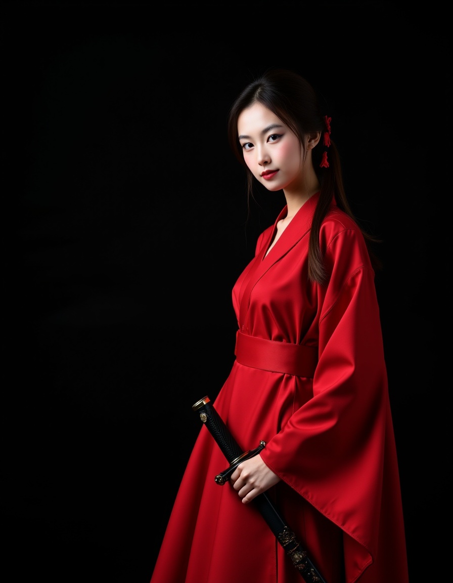 a real picture of a south korea woman,she was wearing a red dress,with a samurai sword in hand,background pure black,