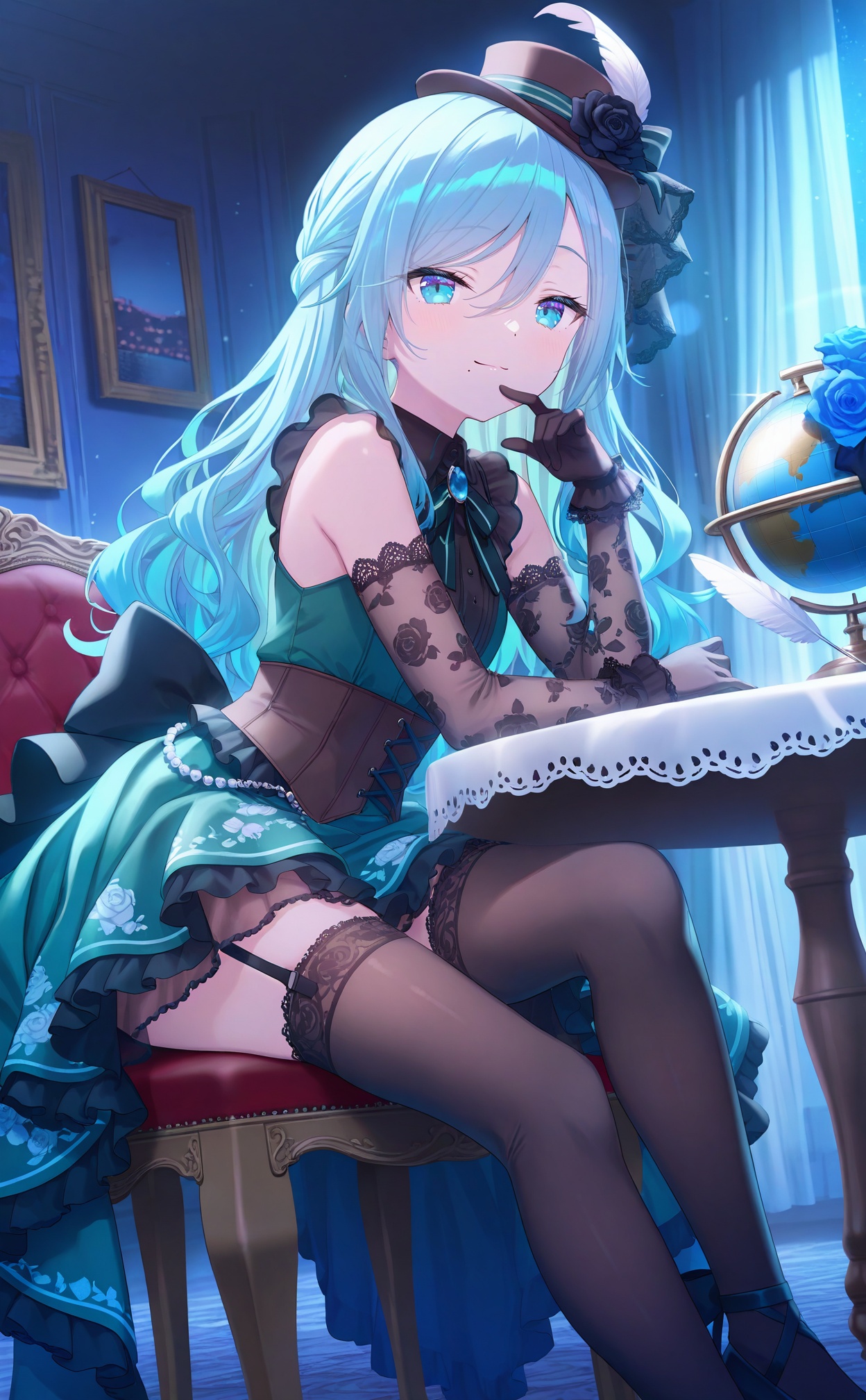masterpiece,very aware,highres,absurdres,newest,best quality,(loli),petite,high quality,chromatic_aberration,White Theme,//,1girl, solo, chair, gloves, hat, lace_gloves, quill, thighhighs, mole_under_mouth, long_hair, green_dress, dress, hat_flower, lace_trim, light_particles, blue_hair, black_headwear, mole, lace-trimmed_gloves, blue_eyes, lace, flower, pearl_\(gemstone\), black_thighhighs, looking_at_viewer, globe, garter_straps, smile, black_gloves, lace-trimmed_dress, mini_hat, frills, dot_nose, hat_feather, swept_bangs, layered_dress, sleeveless_dress, indoors, rose, back_bow, official_alternate_costume, sleeveless, on_chair, table, ribbon, closed_mouth, frilled_dress, gem, finger_to_mouth, gold_trim, tsurime, frilled_gloves, blue_flower, moonlight, bare_shoulders, collared_dress, waist_bow, wooden_chair, foot_out_of_frame, jewelry, corset, wavy_hair, blue_gemstone, high-low_skirt, elbow_rest, bow, white_flower, hair_between_eyes, detached_sleeves, foot_up, underbust, picture_frame, feathers, brown_gloves, feet_out_of_frame, pleated_dress, see-through, embroidery, leaning_forward, glint, lace-trimmed_legwear, wooden_table, curtains, head_rest, cup, top_hat, light_blue_hair, sitting, light_smile, brown_thighhighs, cross-laced_clothes, silver_trim, official_alternate_hairstyle, high_heels, blue_rose, breasts, wing_collar, short_dress, floral_print, tilted_headwear, single_horizontal_stripe, hat_ribbon, glitter, vase, see-through_sleeves, leg_up, tablecloth, black_flower, brown_headwear, idol, leaning_on_object//,artist:luvluvvox,artist:fukai ryosuke,[artist:Torino aqua],artist:minato hitori,hiten_(hitenkei),artist:rurudo,artist:lazuri7,artist:yunikon,//,absurdres,newest,very aesthetic,amazing quality,highres,sensitive,ultra detailed,best anatomy,HDR,8K,high detail RAW color art,high contrast,illustration,depth of field,(colorful),phenomenal aesthetic,detailed light,blurred picture,Tyndall effect,contrast,lens flare,cinematic lighting,//,<lora:PVC5——【noob】hans:0.3>,<lora:konya_karasue——【noob】hans:0.5>,<lora:pjsk-noob-hans:0.65>,
