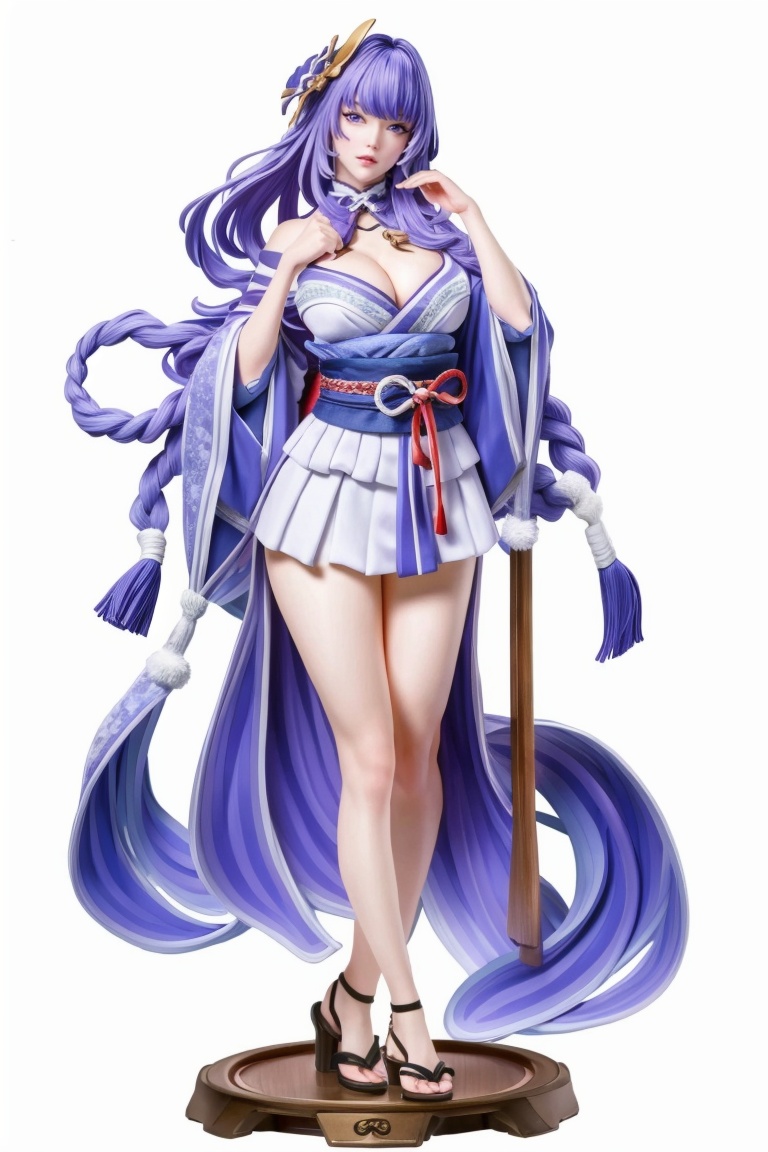 ((HRD, HUD, 8K)),((masterpiece, best quality)), highly detailed, soft light,Handmade, 1girl, raiden shogun, japanese clothes, breasts, long hair, purple hair, solo, thighhighs, kimono, braid, obi, sash, purple eyes, cleavage, full body, large breasts, bangs, hair ornament, ribbon, obijime, mole, standing, obiage, looking at viewer, mitsudomoe (shape), tomoe (symbol), armor, white background,  <lora:20240413-1712992734051:0.8>