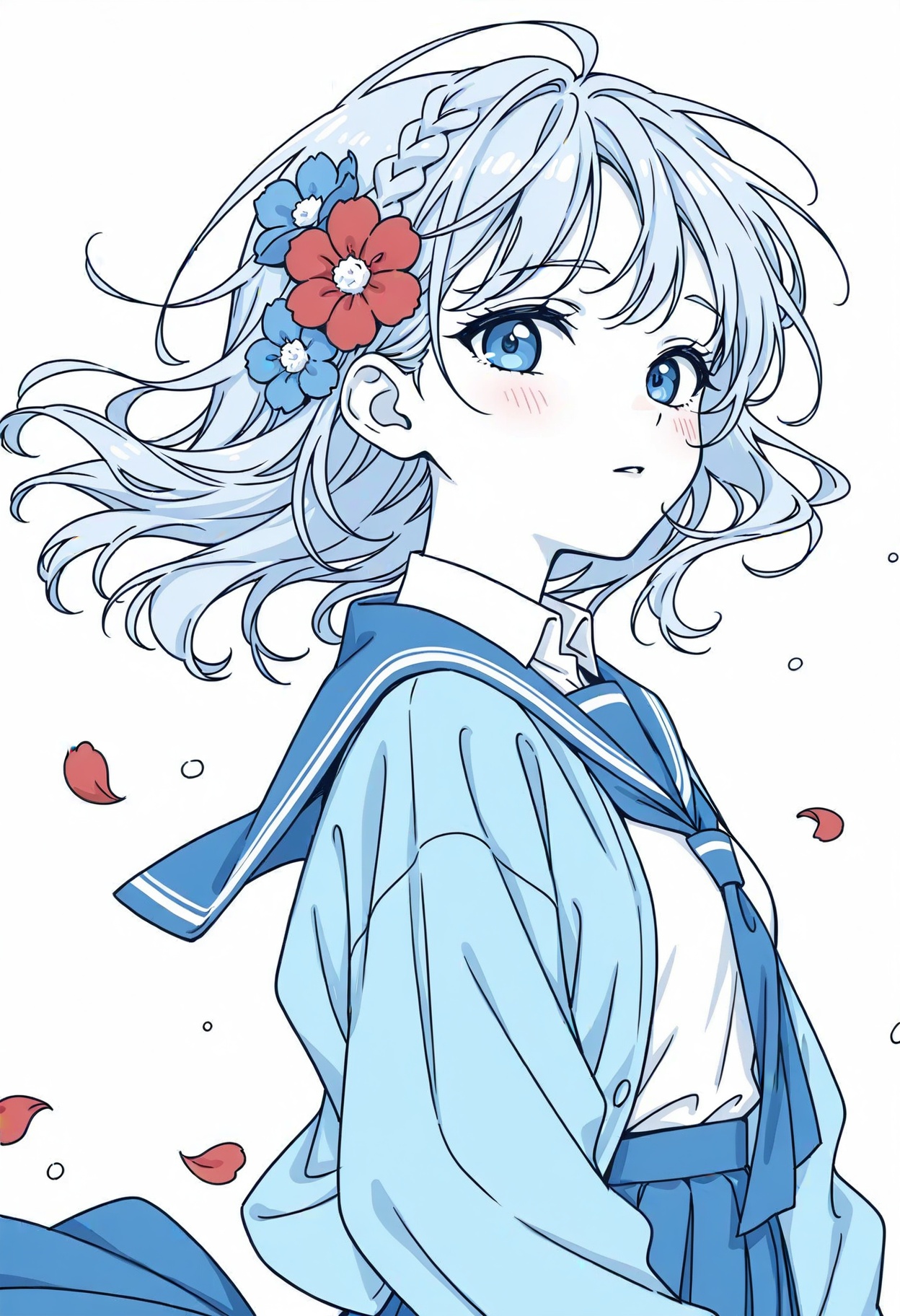 1girl, aqua jacket, blue eyes, blue flower, blue sailor collar, blue theme, blush, braid, cloud, collared shirt, falling petals, floating hair, flower, from side, hair flower, hair ornament, long skirt, looking ahead, looking at viewer, monochrome, portrait, red flower, shirt, shirt tucked in, simple background, sketch, solo, upper body, water drop, white background, white shirt