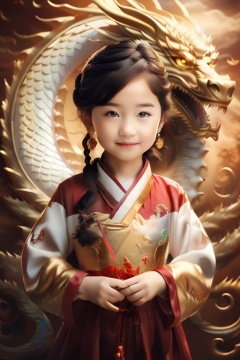 (masterpiece, top quality, best quality, official art, beautiful and aesthetic:1.2),feixing, 1girl,wear red hanfu,golden coins,((dragon)),golden dragon behind, brown hair, braid, brown eyes, necklace, long hair, looking at viewer,jewelry