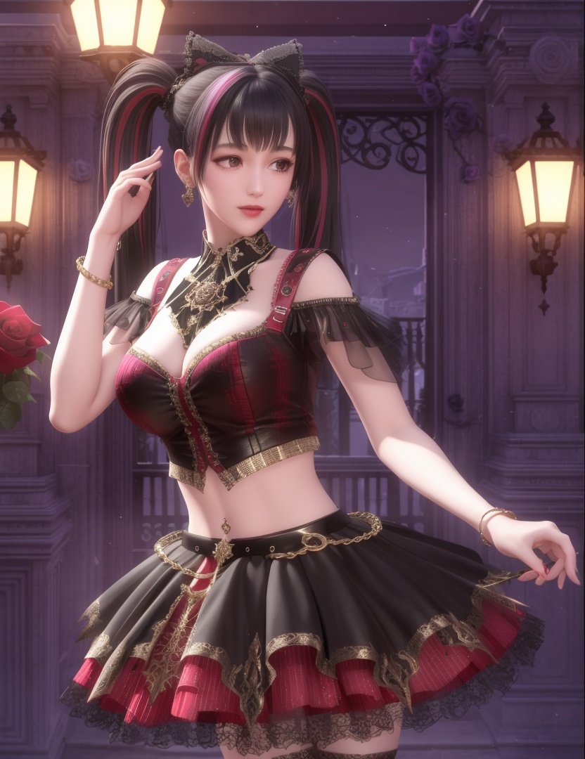 ultra realistic 8k cg, picture-perfect face, flawless, clean, masterpiece, professional artwork, famous artwork, cinematic lighting, cinematic bloom, perfect face, beautiful face, fantasy, dreamlike, unreal, science fiction , beautiful clothes, lace, lace trim, lace-trimmed legwear,  (rich:1.4), prestige, luxury, jewelry, diamond, gold, pearl, gem, sapphire, ruby, emerald, intricate detail, delicate pattern, charming, alluring, seductive, erotic, enchanting, hair ornament, necklace, earrings, bracelet, armlet,halo((,1girl, pov,))  (((,multiple_girls, 2girls, flower, rose, multicolored_hair, midriff, twintails, skirt, gigantic breasts, looking at viewer, )))   <lora:DA_ChloeNightWings:0.6>