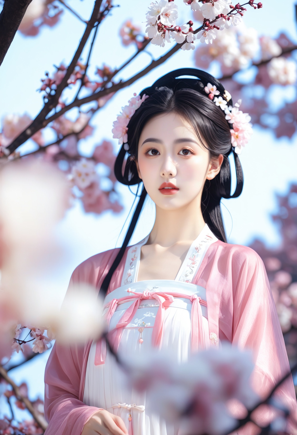 photograph Photograph, young woman in traditional Chinese attire, Tang dynasty, intricate floral hairpiece, flowing white hanfu, delicate pink cherry blossoms in the background, serene expression, soft natural lighting, ethereal and elegant atmosphere., 50mm . cinematic 4k epic detailed 4k epic detailed photograph shot on kodak detailed cinematic hbo dark moody, 35mm photo, grainy, vignette, vintage, Kodachrome, Lomography, stained, highly detailed, found footage