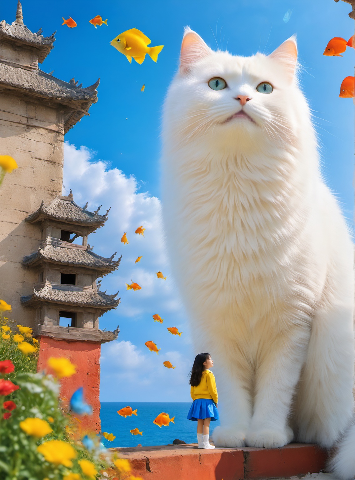 <lora:white cat 过拟V1.0-0008:0.9>,large white cat,a young girl,Sunlight is shining into the sea. There is a gorgeous dragon palace at the bottom of the sea,and the details are clear. Colorful fish are swimming around,, (masterpiece, best quality, highres:1.2),