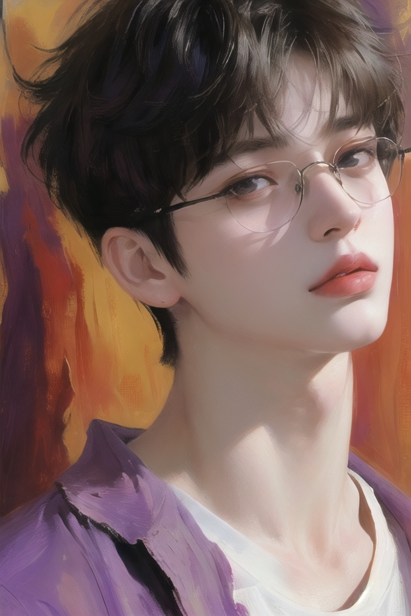 (masterpiece,best quality,ultra_detailed,highres,absurdres:1.2)),1boy, male focus,solo, simple background, upper body, purple shirt,   short hair,parted lips, round eyewear,hand on own shoulder,red background, <lora:man_20240606173732-000005:0.9>((dyeing)),((oil painting)),((impasto)),