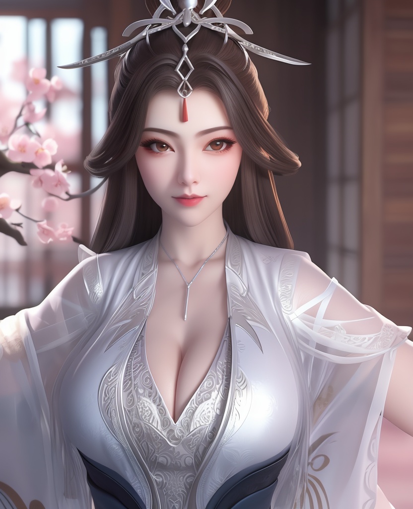 <lora:557-DA-百炼成神-玉婆婆:0.8>(,1girl, ,best quality, ),looking at viewer,  ,ultra detailed background,ultra detailed background,ultra realistic 8k cg,, ,masterpiece, (( , )),, ,   plum blossoms,    ,,  (cleavage), (), ,,