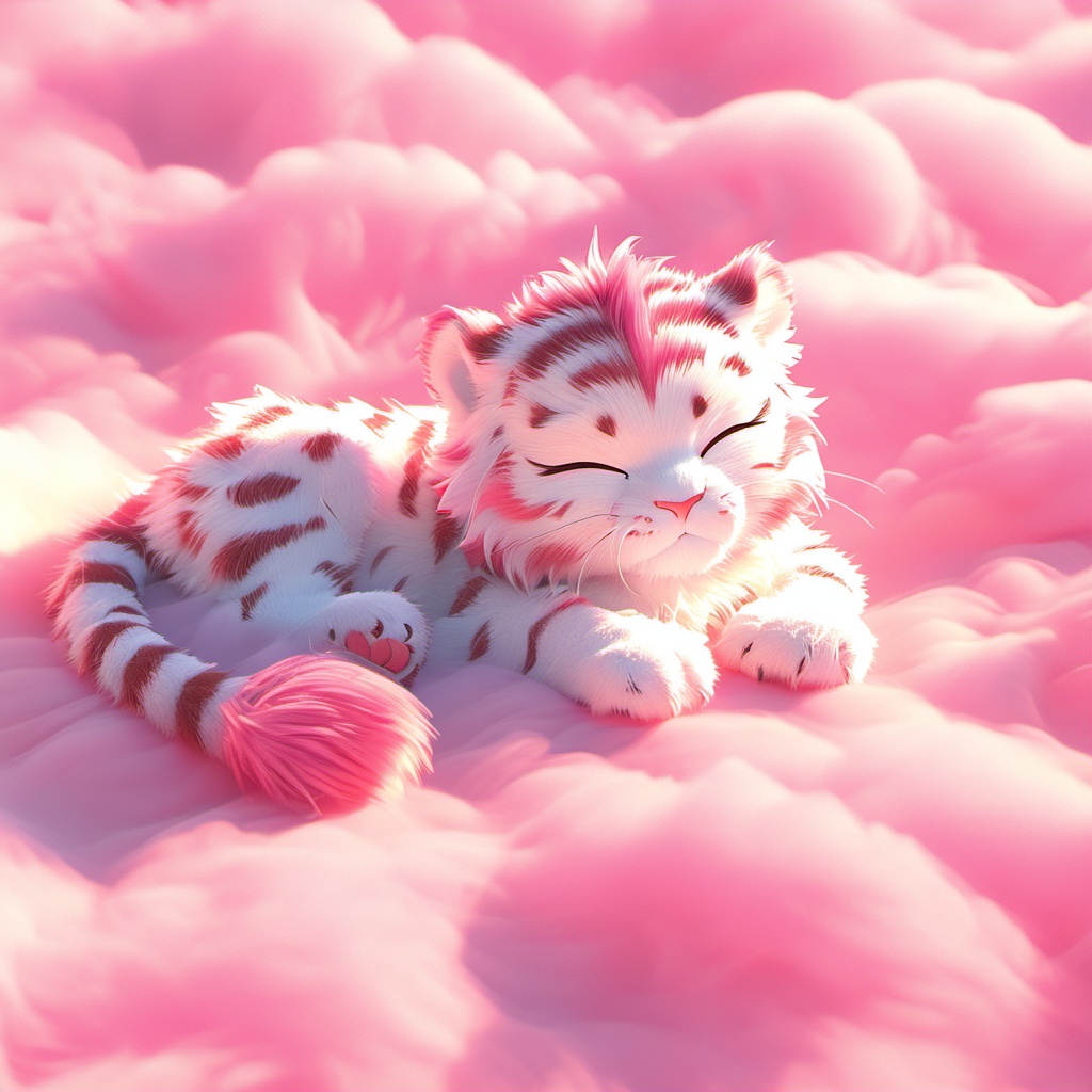 yinhu,tigger,fluffy,pink pattern,soft lighting,tiger boy,white fur,whimsy and dramatic lighting,warm colors,tigger focus,mf-movie-filter,cc-color-correction,cute,whiskers,:3,^ ^,no humans,closed eyes,tiger,cloud,red theme,lying,full body,solo,cloudy sky,sleeping,closed mouth,pink theme,sky,<lora:yinhu_xl:0.8>,