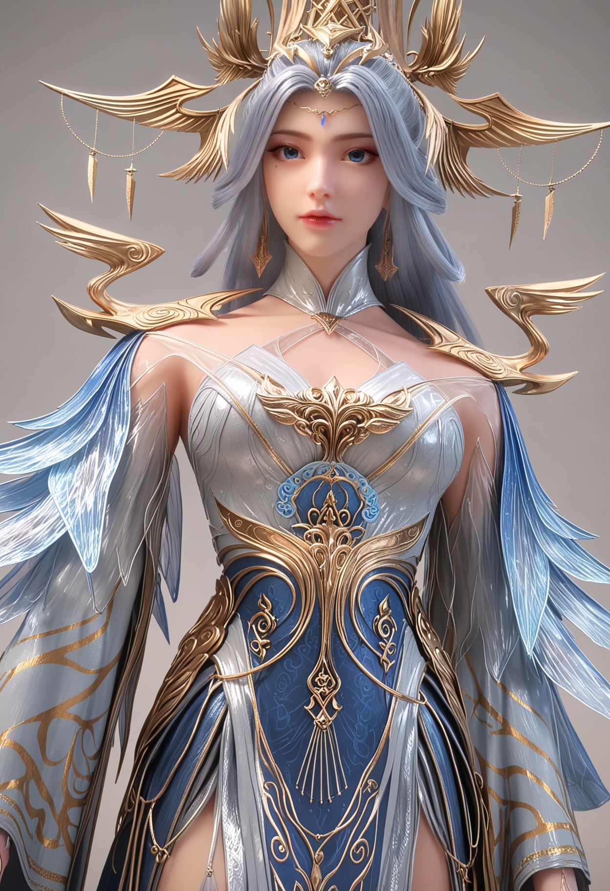 score_9,high detail,best quality,cinematic lighting,volumetric lighting,shiny skin,shiny,1girl,solo,blue eyes,white_hair,long hair,blue dress,hair ornament,jewelry,white background,earrings,mole under eye,dress,breasts,simple background,closed mouth,makeup,long sleeves,looking at viewer,cowboy_shot,<lora:QQSponyningyudiedujieV1:0.8>,<lora:Pony_DetailV2.0:0.8>,<lora:皮肤凹痕:0.1>,