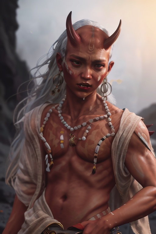 masterpiece,best quality,(8k, RAW photo, best quality, masterpiece:1.2),stunning 8k fashion photo,rsolo,male focus,1boy,earrings,necklace,red skin,horns,white hair,upper body,blurry,realistic,blurry background,hher_xy,