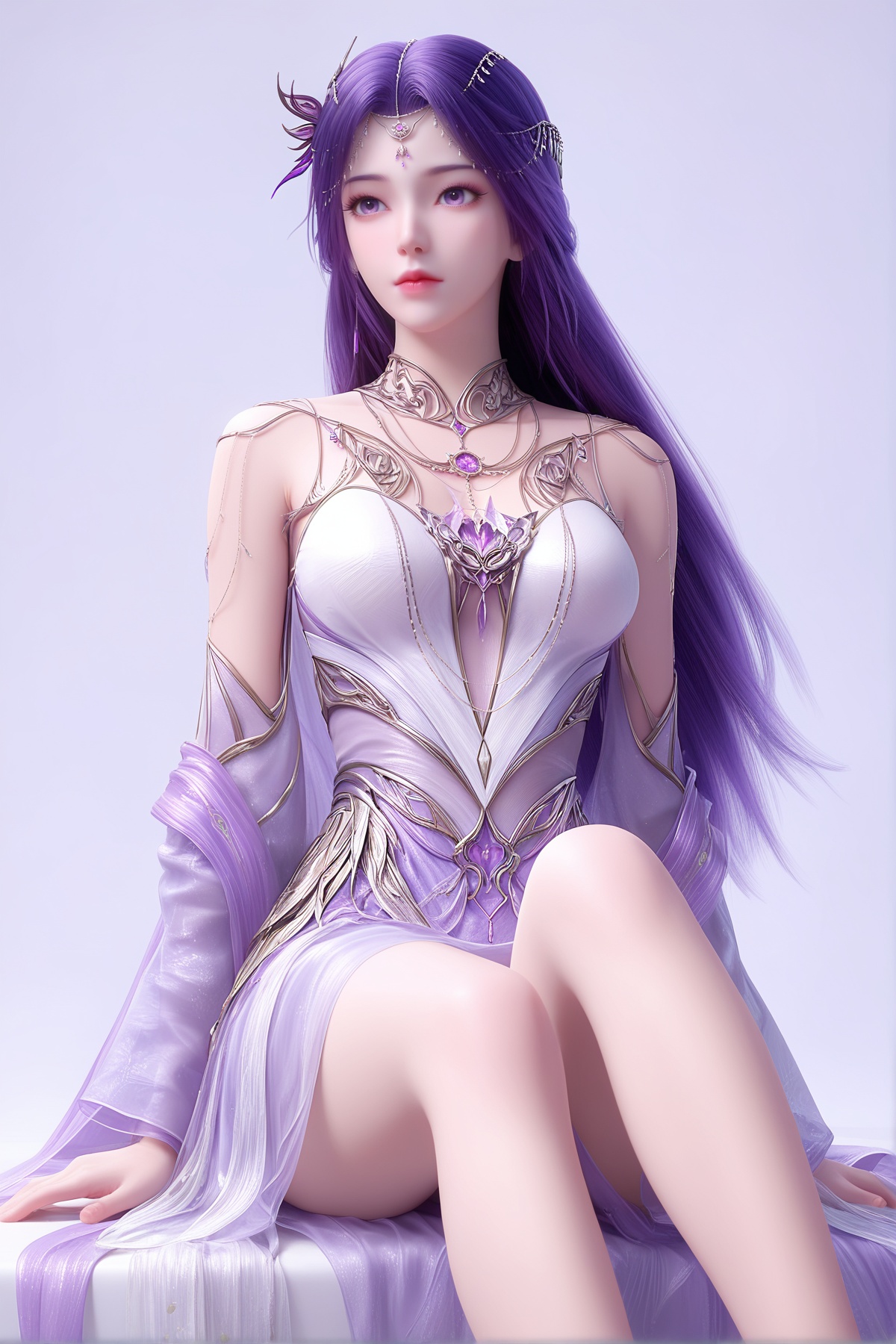 masterpiece,best quality,realistic,cinematic,detail eyes,(ultra-detailed),perfect composition,intricate details,absurdres,detailed face,high quality,high res,8K,,<lora:X_yunxi_tms_IL2.0:0.8>,purple hair,purple eyes,1girl,long hair,breast,medium breast,hair_ornament,dress,bare_legs,sitting,simple background,