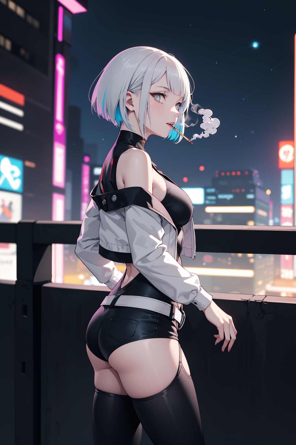 lucy \(cyberpunk\),1girl,against railing,arm rest,bangs,bare shoulders,belt,black belt,black leotard,black pants,blurry,bob cut,breasts,building,cigarette,cityscape,clothing cutout,cropped jacket,cyberpunk,depth of field,from side,gradient eyes,grey eyes,grey hair,holding,holding cigarette,jacket,leotard,lips,long sleeves,looking afar,looking ahead,mechanical parts,medium breasts,multicolored eyes,multicolored hair,night,night sky,off shoulder,open clothes,open jacket,outdoors,pants,parted lips,railing,red eyeliner,science fiction,short hair with long locks,short shorts,shorts,sidelocks,sky,smoke,smoking,solo,standing,teeth,thigh cutout,upper teeth only,white jacket,white shorts,cyberpunk \(series\),cyberpunk edgerunners,<lora:lbc_lucy240408_v1.0:1>,