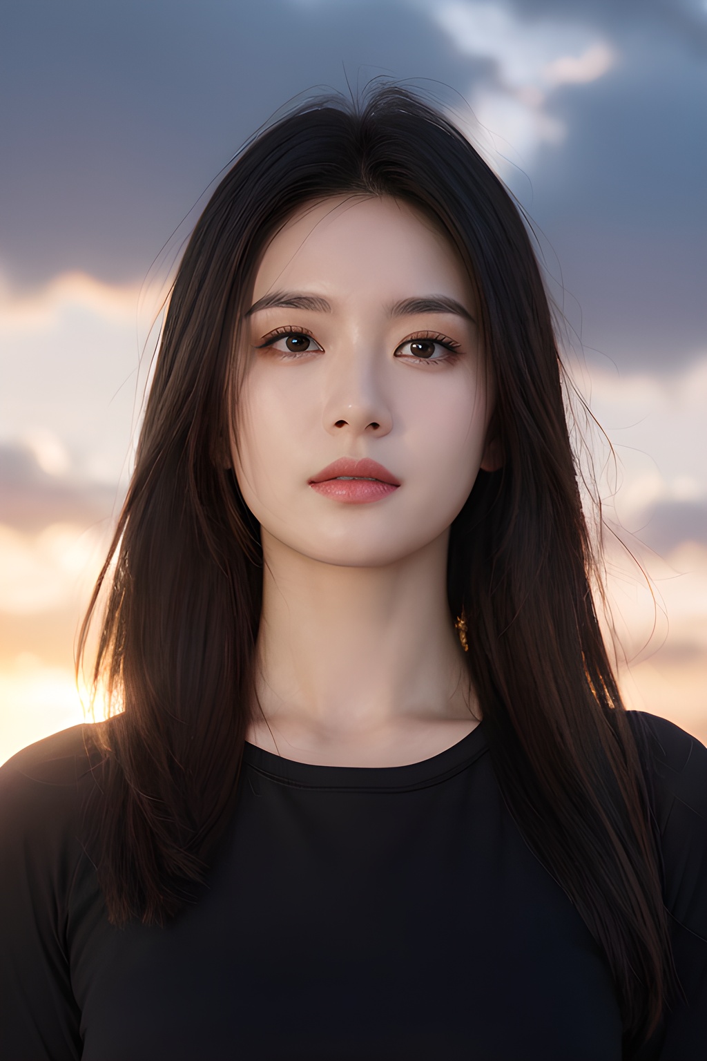 <lora:0816_04:0.7>,Frontal photography,Look front,evening,dark clouds,the setting sun,On the city rooftop,A 20 year old female,Black top,Black Leggings,black hair,long hair, dark theme, muted tones, pastel colors, high contrast, (natural skin texture, A dim light, high clarity) ((sky background))((Facial highlights)),, 1girl,realistic,masterpiece, best quality, photorealistic, HDR,detail