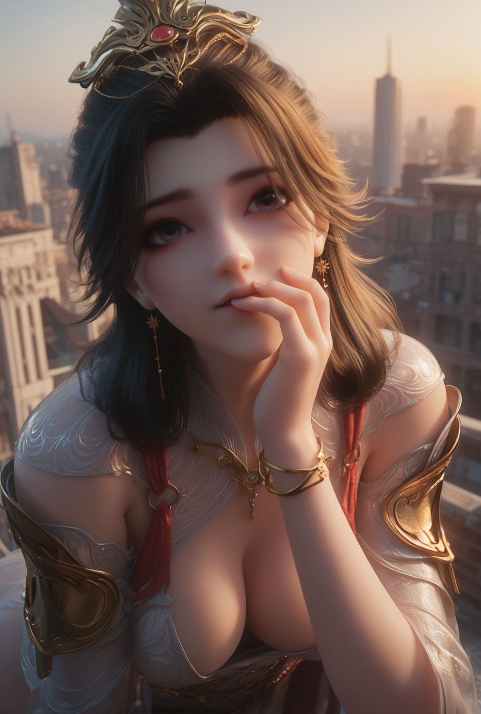 supermodel,score_8_up,score_7_up,hyperdetailed,hyperrealistic,volumetric lighting,focus on face,textured skin,eye lighting,SkinHairDetail,zPDXL,very attractive,Expressiveh,realistic skin,score_9,score_8_up,score_9,score_8_up,1 girls,high cold face,yujie,perfect round large,breasts,jewelry,beautiful eyes,detailed eyes,naughty face,shiny_skin,city roof,science fiction,sexy action,<lora:zhaoliner:0.8>,covering mouth,