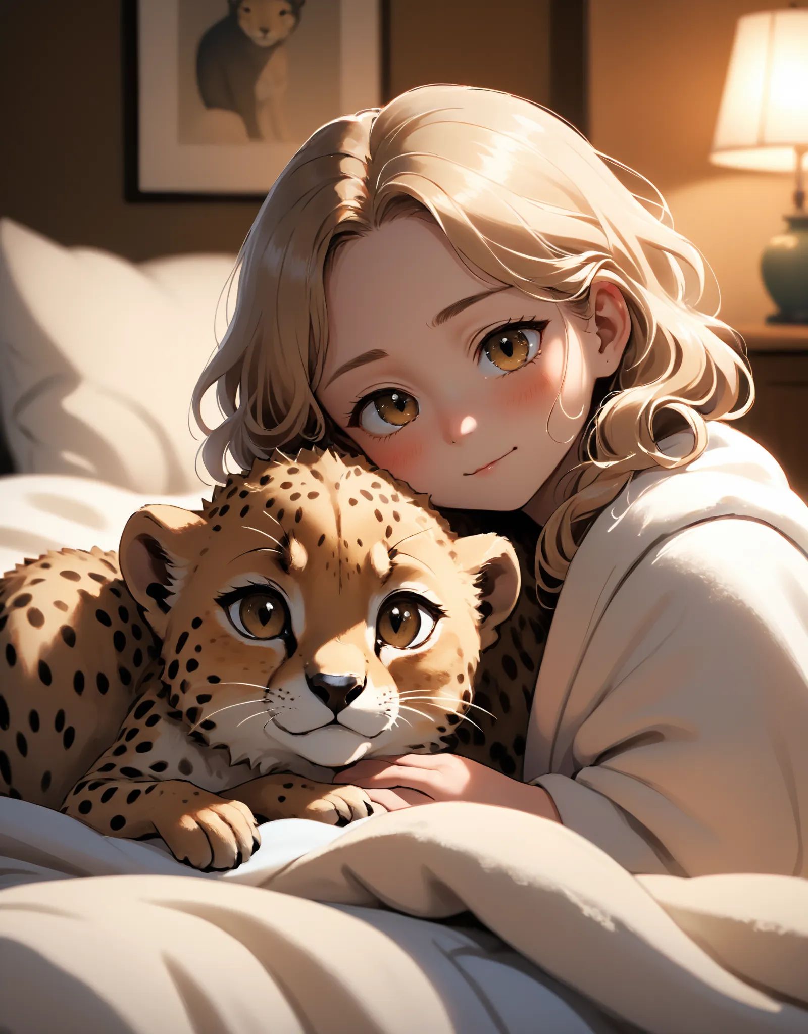Photo of a cozy,  dimly lit bedroom with a sleepy baby cheetah curled up on a fluffy blanket,  gazing at the camera with i...