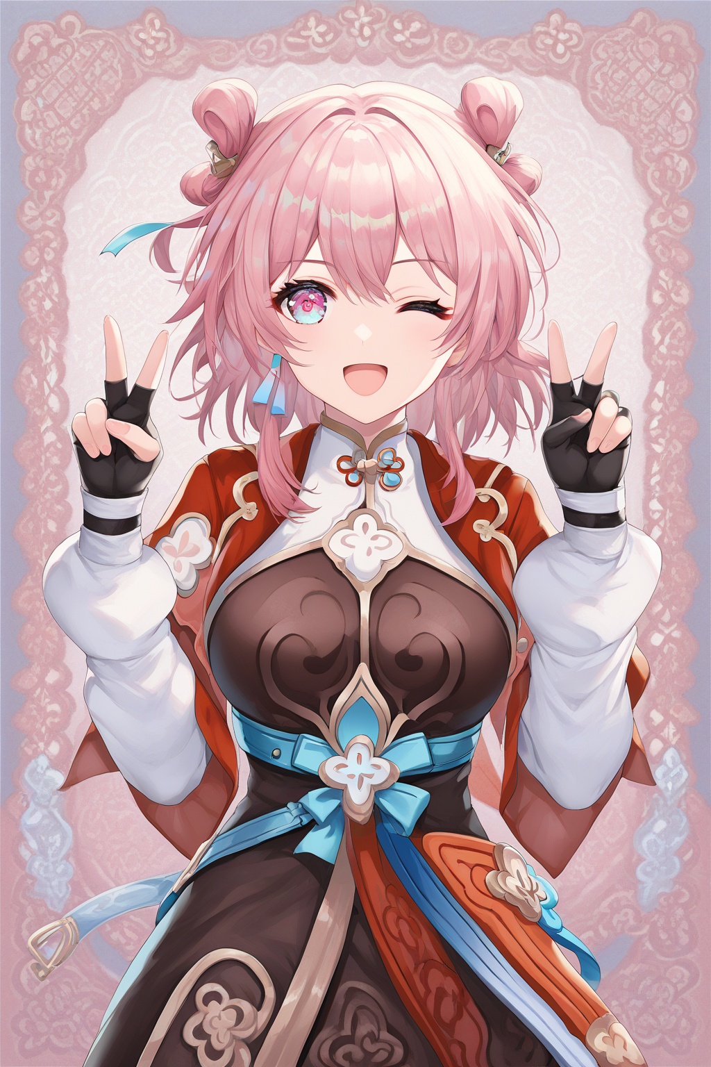 score_9,score_8_up,score_7_up,score_6_up,source_anime,source_cartoon,<lora:march 7thTponyXL-000008:1>,march 7th\(The Hunt \) \(honkai: star rail\), march 7th \(honkai: star rail\), 1girl, solo, one eye closed, v, pink eyes, pink hair, smile, bangs, looking at viewer, fingerless gloves, puffy long sleeves, open mouth, double v, hair bun, multicolored eyes, china dress, red jacket, china dress, red jacket, chinese clothes, red cape