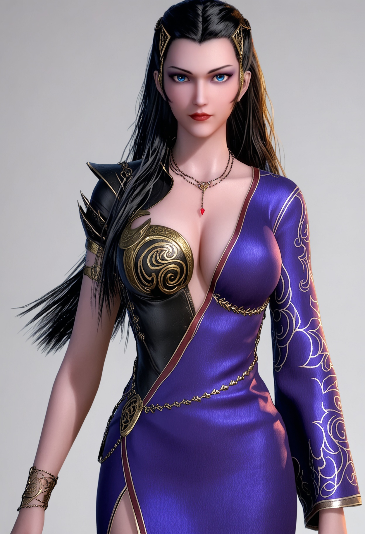 score_9,high detail,best quality,cinematic lighting,volumetric lighting,shiny skin,shiny,1girl,solo,blue eyes,dress,necklace,jewelry,long hair,huge_breasts,hair ornament,purple dress,black hair,cleavage,realistic,armor,red lips,makeup,white background,single sleeve,bracelet,looking at viewer,thighs,<lora:QQSponyxinyuekuiV1:0.8>,<lora:Pony_DetailV2.0:0.8>,<lora:皮肤凹痕:0.1>,