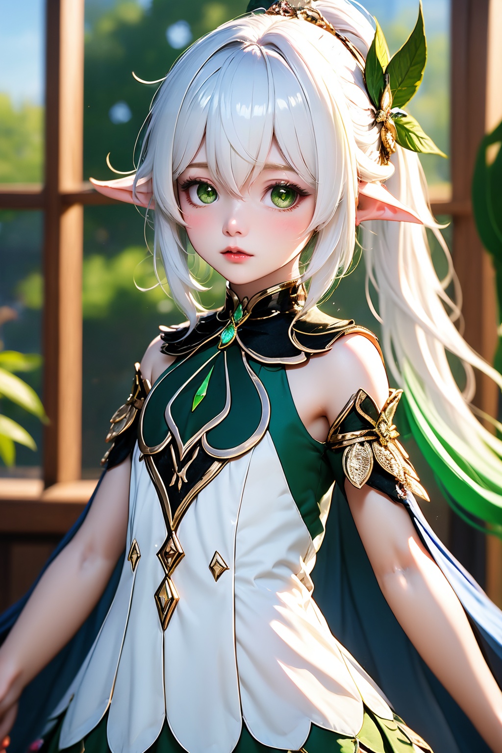 1girl, solo, nahida \(genshin impact\), pointy ears, green eyes, side ponytail, dress, looking at viewer, long hair, white dress, white hair, hair ornament, multicolored hair, blurry, hair between eyes, lips, sleeveless, bare shoulders, blurry background, symbol-shaped pupils, cross-shaped pupils, sleeveless dress, green cape, detached sleeves, gradient hair, gold trim, green hair, cape, parted lips, leaf hair ornament, window, sidelocks, indoors, breasts, blush, depth of field, short sleeves, small breasts, realistic, green sleeves, upper body, jewelry, closed mouth, green gemstone, cowboy shot, two-tone hair, gem