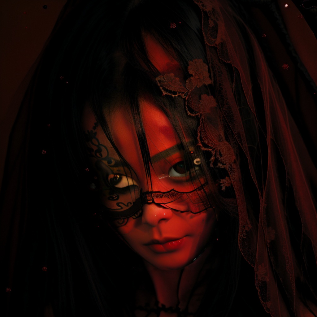 huapighost, 1girl,solo, black hair, looking at viewer, long hair, portrait, closed mouth, glasses, veil, one eye covered, red theme, black eyes,<lora:NewHuapi:0.8>,