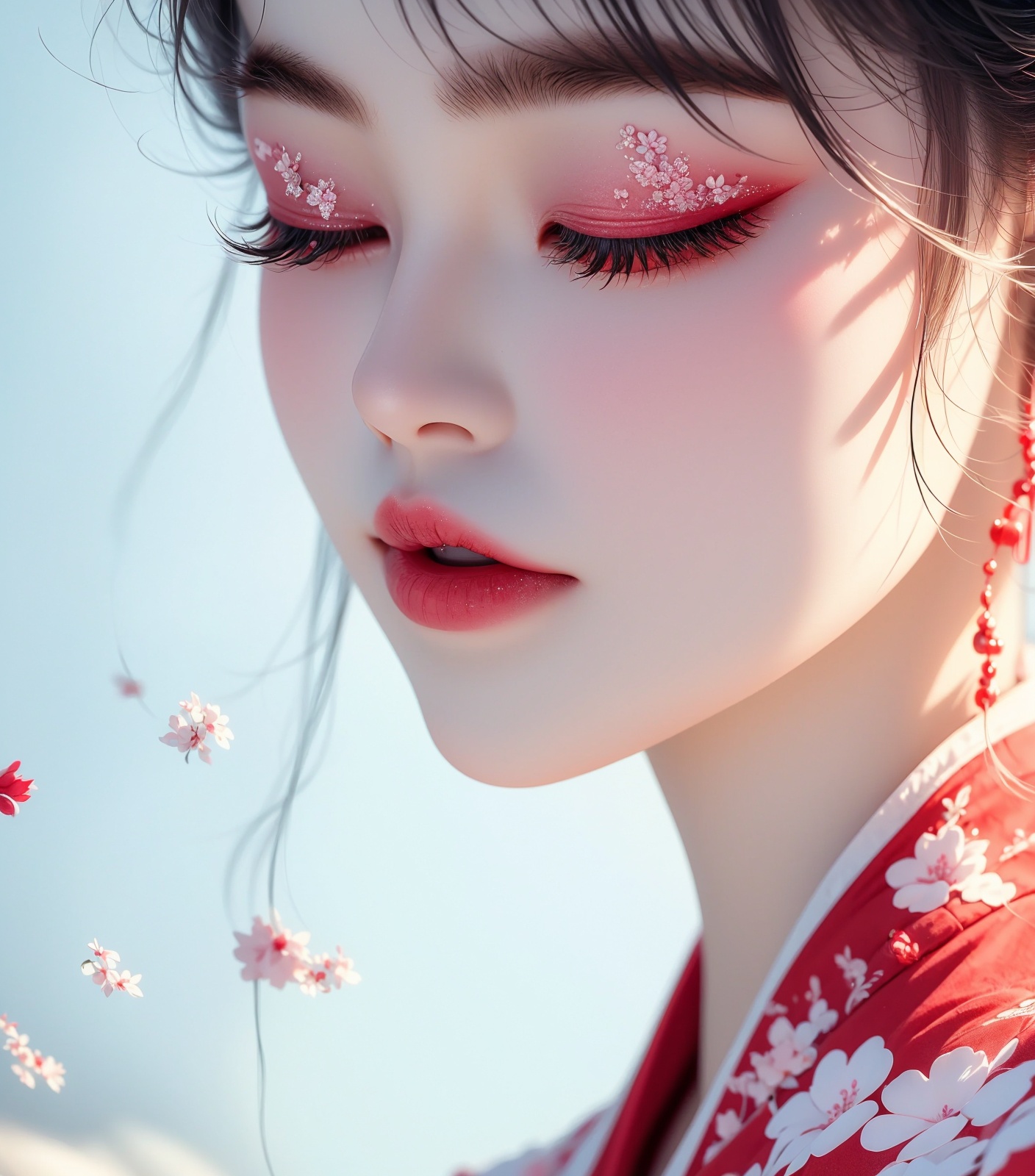 1 girl,diamond earrings,solo,flower,realistic,solo,Moisturizing red lips,eye makeup,eyeshadow,floral_print,eyes_closed,<lora:汉服眼妆1.3:0.9>,