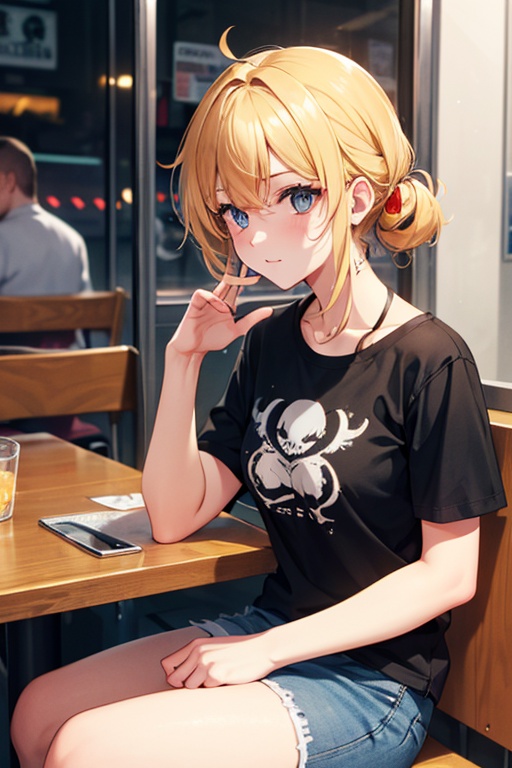 gritty raw street photography,plain clean earthy young female hacker,black punk t-shirt,tattoos on her arm,sitting in a busy crowded street diner,shot with Canon EOS 5D Mark IV ,<lora:LowRA:0.4>,<lora:add_detail:0.6>,