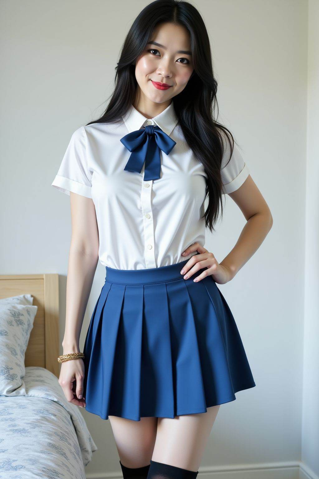She appears to be in her early twenties and smirk. She wears a white, short-sleeved collared shirt with a blue bow tie, a blue pleated mini-skirt, and black over-the-knee socks. A gold bracelet is visible on her left wrist. She has long straight black hair and fair skin, and red lipstick. Her facial expression is neutral. The background is a plain white wall and a portion of a bed with patterned linens on the left side. The lighting appears to be natural, creating soft shadows. The overall composition is clean and simple. The style is somewhat suggestive, with emphasis on the woman's figure and clothing.