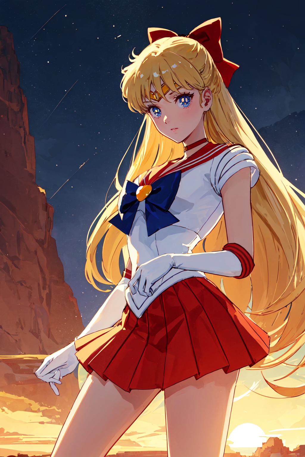 1girl,looking at viewer,solo,long hair,very long hair,blonde hair,blue eyes,choker,tiara,sailor collar,hair bow,bow,gloves,skirt,high heels,sailor senshi uniform,standing,<lora:Minako:0.8>,Minako_CYQL,bust,beautiful face,beautiful eyes,glossy skin,shiny skin,River, Canyon, Sunset, Golden light, Shadows, Peacefulness,beautiful detailed sky,beautiful detailed glow,posing in front of a colorful and dynamic background,masterpiece,best quality,beautiful and aesthetic,contrapposto,female focus,wallpaper,fashion,