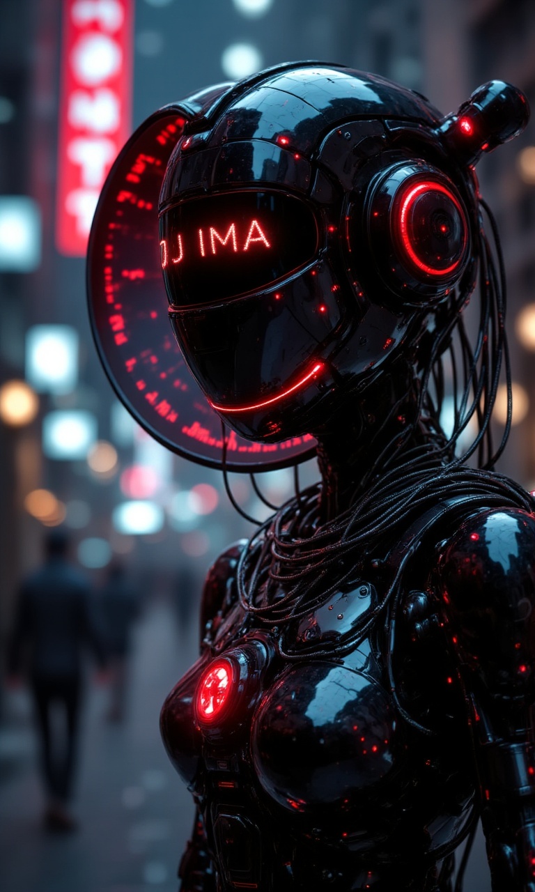 JMstyle-CGI,A highly detailed CGI rendering of a futuristic humanoid robot with a sleek,black metallic body. The robot has a large,dome-shaped head with a glowing red visor that displays the text "J I M A " in bright,neon red letters. The visor is circular and covers the entire face,with no visible eyes or mouth. The robot's body is adorned with numerous cables and wires that wrap around its neck and chest,adding to its advanced and sophisticated appearance.,The background is a blurred,futuristic cityscape with neon lights and tall buildings,creating a sense of depth and a high-tech environment. The colors are predominantly dark and cool,with the robot standing out in its glossy black finish. The robot's design is highly stylized and futuristic,with smooth curves and a polished,reflective surface that catches the light.,The robot's chest area features a prominent red orb with a smaller red light in the center,adding to its robotic and advanced aesthetic. The robot's overall appearance is one of sleek,modern design,with a focus on technology and innovation.,The image is highly detailed and realistic,with a strong emphasis on the robot's design and the futuristic cityscape in the background. The lighting is soft and diffused,highlighting the robot's reflective surfaces and giving the scene a cool,electronic atmosphere.,