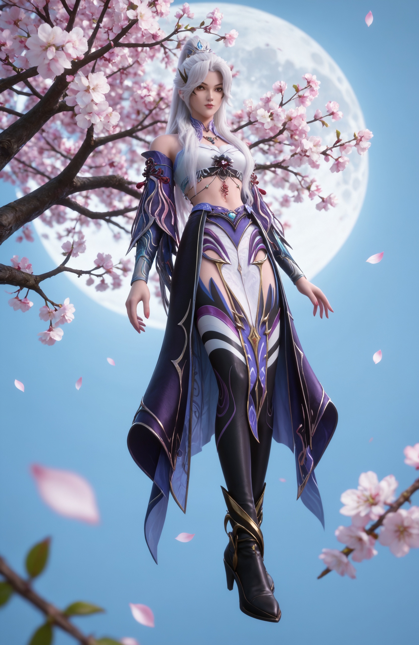 <lora:百炼成神3-星剑Pony:0.7> 1girl, long hair, white hair, ponytail, hair ornament,brown eyes, bare shoulders, crop top,midriff, navel, jewelry, facial mark, detached sleeves, thighhighs,high heels,boots,, masterpiece,best quality,solo,1girl,upper body,petals,looking at viewer,moon,branch,cherry blossoms,flower,extreme aesthetic,(quasarcake:0.7),masterpiece,best quality,good quality,newest,very aesthetic,absurdres,A shot with tension,(Visual impact,giving the poster a dynamic and visually striking appearance:1.2),impactful picture,offcial art,colorful,splash of color,movie perspective,
