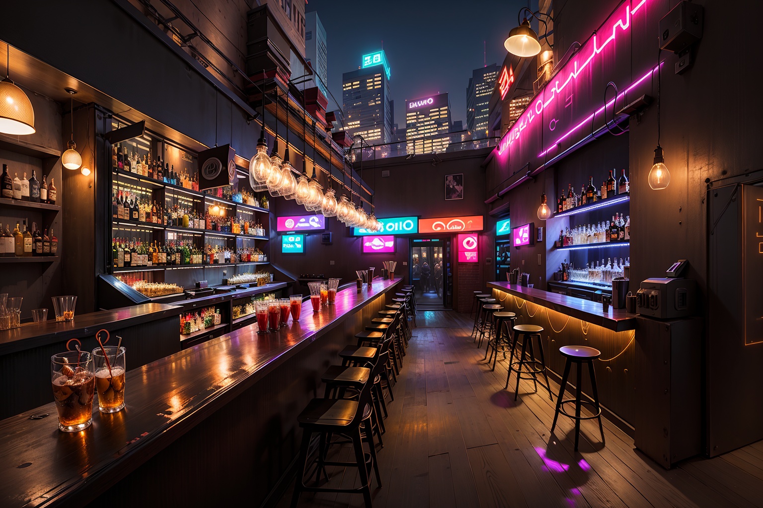 bar,sky bar,<lora:20240119-1705647975052:0.6>,Realistic image quality,photorealestic,8K,best qualtiy,masterpiece,movie-level quality,rendering by octane,architecture,city,city lights,cityscape,outdoors,real world location,rooftop,scenery,sky,skyscraper,sunset,building,night,bar counter,cup,the bar on the rooftop,<lora:cyber_style_girl_v1:0.5>,cyberpunk style,neon lights,light and shadow,