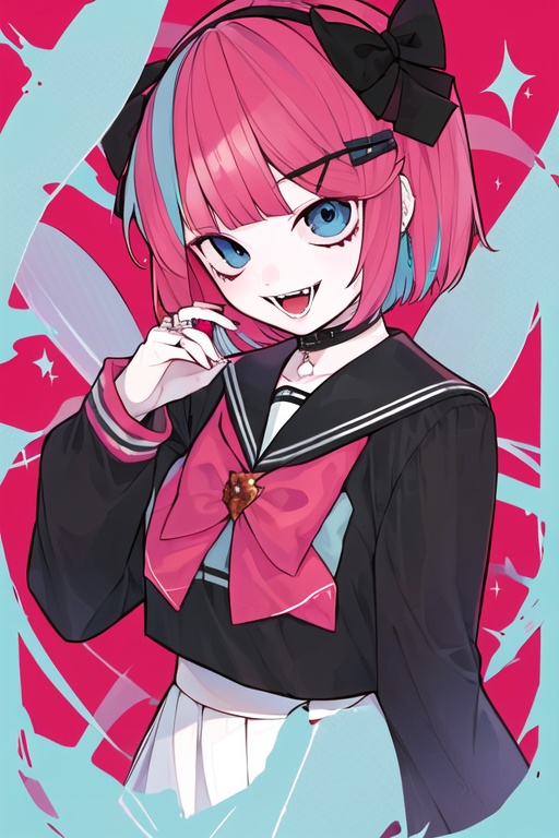 CH,high contrast,1girl,solo,looking at viewer,smile,short hair,open mouth,bangs,blue eyes,shirt,hair ornament,long sleeves,bow,holding,jewelry,multicolored hair,hairband,food,horns,hairclip,sailor collar,black shirt,fangs,pink background,red background,