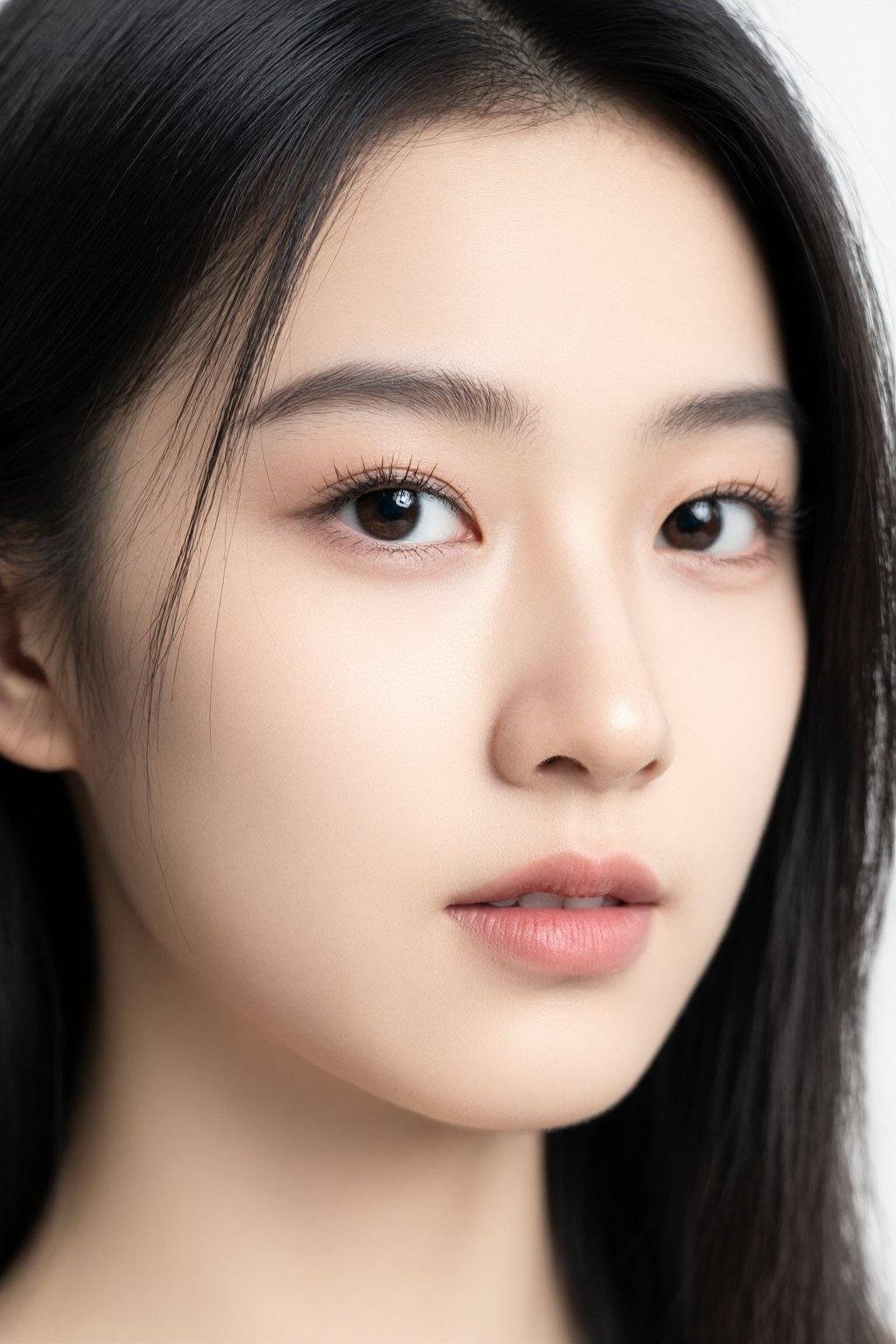 This is a photograph of a young East Asian woman with long, straight black hair framing her face. She has fair skin with a smooth complexion, and her makeup is subtle, highlighting her natural beauty. Her eyes are almond-shaped with dark, well-groomed eyebrows and long, black eyelashes. Her lips are full and slightly parted, showing a natural pink hue. The background is plain white, making her facial features stand out prominently. The lighting is soft, enhancing her clear skin and giving a gentle glow to her complexion.