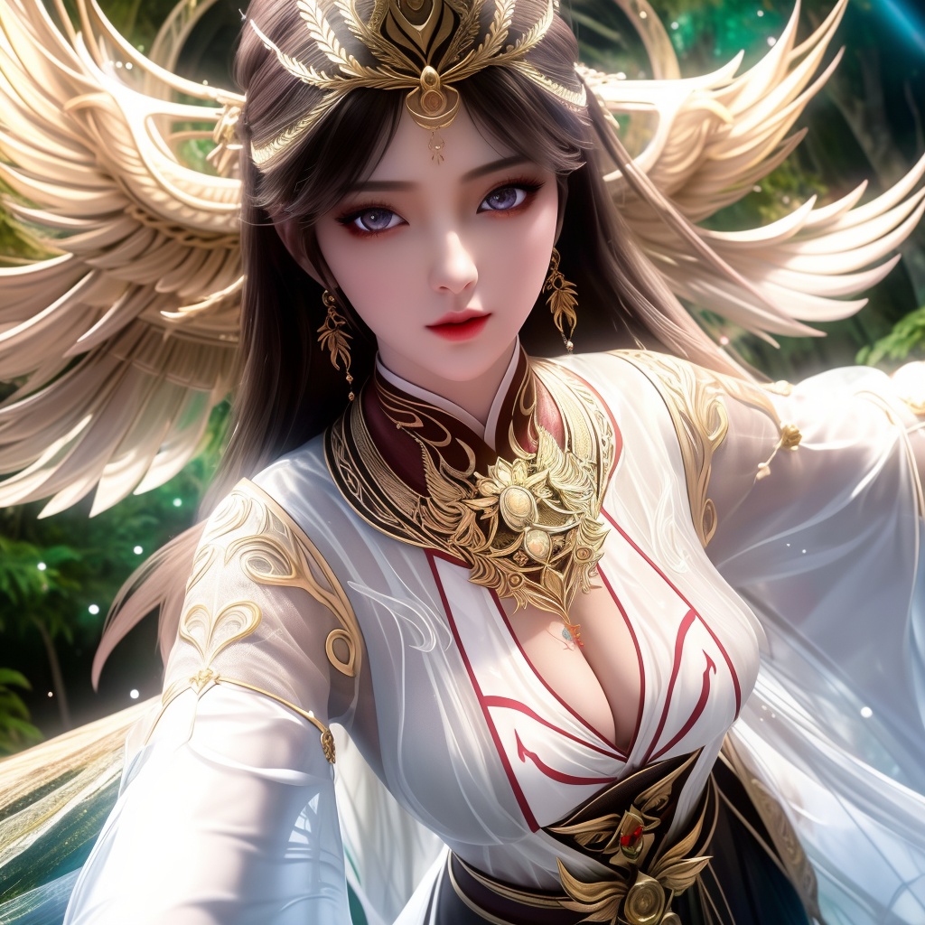<lora:770-DA-完美世界-火灵儿-婚服:0.8>, (,1girl, ,best quality, ),looking at viewer,  ,ultra detailed background,ultra detailed background,ultra realistic 8k cg,(masterpiece:1.2),(best quality:1.2),(ultra detailed:1.2),(official art:1.3),(beauty and aesthetics:0.8),detailed,(intricate:0.8),(highly detailed),(solo),delicate countenance,1girl,fancy,(glassy texture:1.2),(crush:1.2),8k,accessory,tattoo,(transparent:1.1),gown,energy encirclement,instant,in the twinkling of an eye,upper body,woman in a mythical forest, masterpiece, perfect face, intricate details, horror theme, raw photo, photo unp(cleavage),, ,