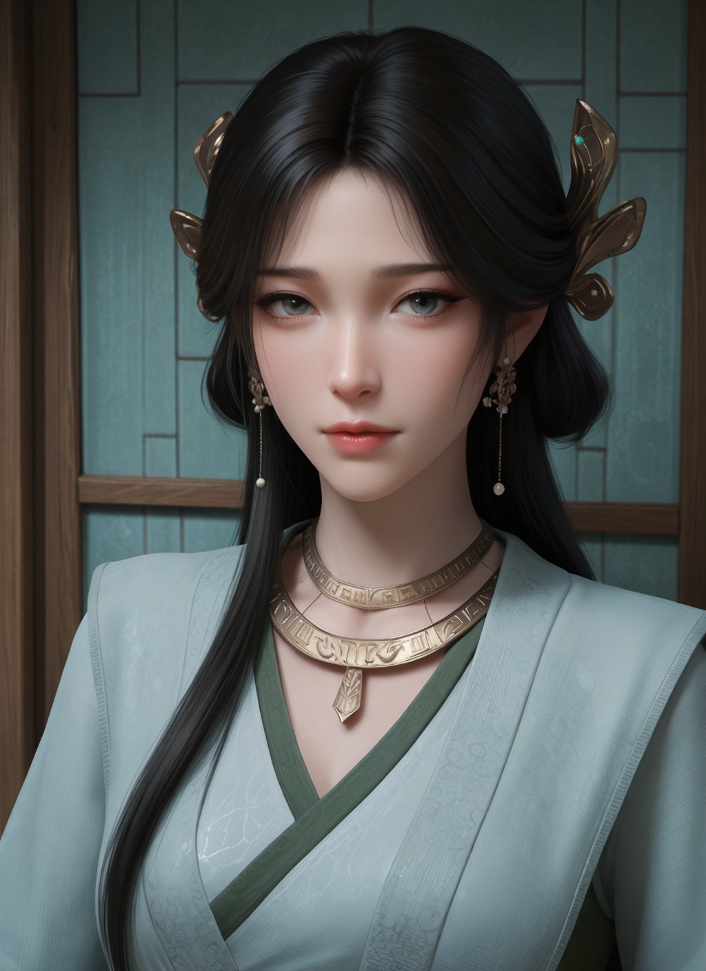 masterpiece,best quality,realistic,upper_body,<lora:illustrious-梅凝-v1.6:0.7>,meining,long face,black hair,long hair,jewelry,hair ornament,earrings,necklace,hanfu,looking_at_viewer,