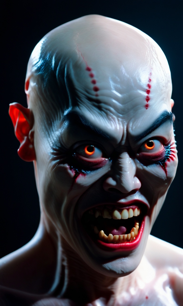 cinematic photo Chinese demon, wide-open mouth, exaggerated facial features, malevolent expression, pale skin, bald head, raised eyebrows, sharp teeth, digitally-rendered, red eyes, close-up, headshot, eerie, supernatural entity, high-resolution image, minimal background, horror-themed,<lora:Horror_ghost:1>,  . 35mm photograph, film, bokeh, professional, 4k, highly detailed